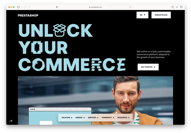 The image is a screenshot of the PrestaShop homepage. The main headline is "UNLOCK YOUR COMMERCE." There's a subheading about selling online on a fully customizable e-commerce platform. The background is a light blue gradient with a white cloud and a blue arrow. There are several buttons and links to different sections of the website, such as "Solution," "Addons," "Services," and "Community.