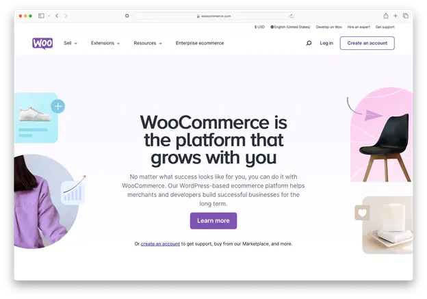 A screenshot of the WooCommerce website homepage. The main headline is "WooCommerce is the platform that grows with you." There's a subheading about building successful businesses with WooCommerce, and a button that says "Learn more." There are also icons representing different products or features, and a tagline about creating an account for support, buying from the Marketplace, and more.