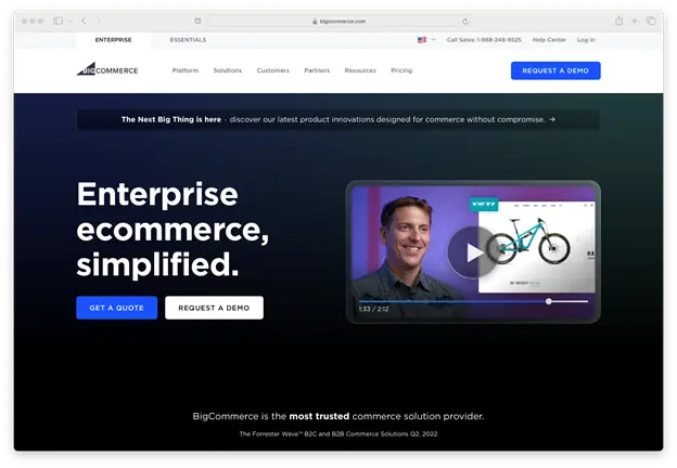 "BigCommerce website screenshot displaying a dark-themed landing page. The headline reads 'Enterprise ecommerce, simplified.' Below the headline, there are two buttons: 'Get a Quote' and 'Request a Demo.' 