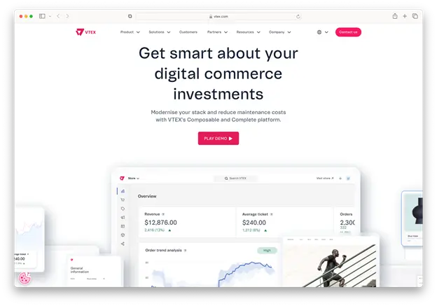 The image is a screenshot of the VTEX homepage. The main headline is "Get smart about your digital commerce investments." There's a subheading about modernizing your tech stack and reducing maintenance costs with VTEX's Composable and Complete platform. A button labeled "PLAY DEMO" is prominent. 