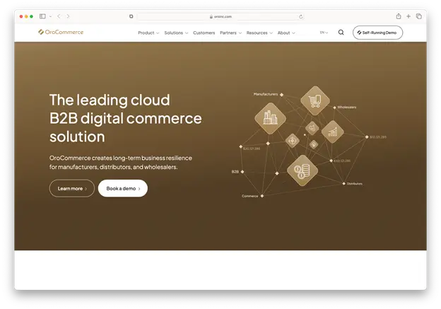 A screenshot of the OroCommerce website homepage. The main headline is "The leading cloud B2B digital commerce solution." There's a subheading about creating long-term business resilience for manufacturers, distributors, and wholesalers. 