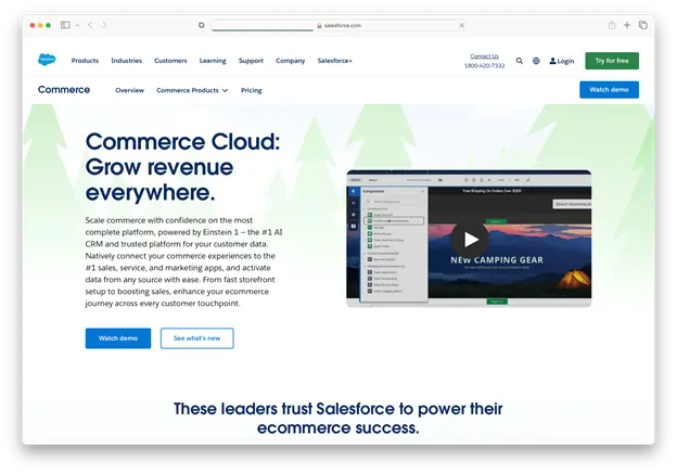 A screenshot of the Salesforce Commerce Cloud website homepage. The main headline is "Commerce Cloud: Grow revenue everywhere." There's a subheading about scaling commerce with confidence, and a description of the platform's features. 