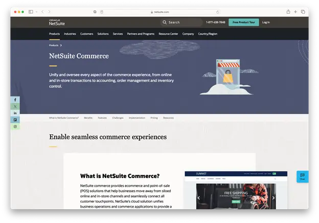 The image is a screenshot of the NetSuite Commerce website homepage. The main headline is "NetSuite Commerce" and there's a subheading about unifying and overseeing every aspect of the commerce experience. The background is a light blue gradient with a white cloud and a blue bell icon.