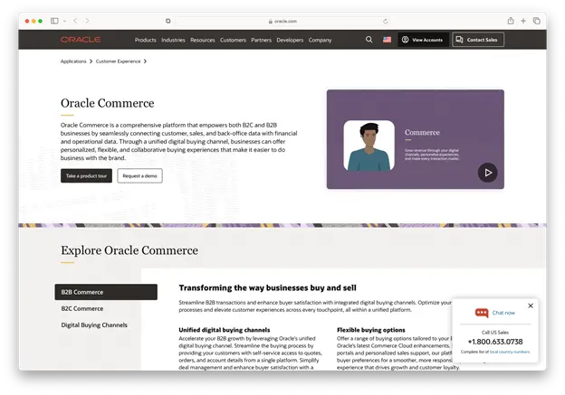 screenshot of the Oracle Commerce website homepage. The main headline is "Oracle Commerce: Transforming the way businesses buy and sell." There's a video thumbnail with a person and a play button, and a section with subheadings like "B2B Commerce," "B2C Commerce," and "Digital Buying Channels." The tagline at the bottom reads "Explore Oracle Commerce.