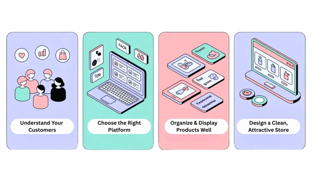 The fourth image (uploaded as Teknikforce Blogs - 2025-07-19T114312.120.jpg) outlines steps to set up an online store: "Understand Your Customers," "Choose the Right Platform," "Organize & Display Products Well," and "Design a Clean, Attractive Store." Each step has a corresponding illustration.