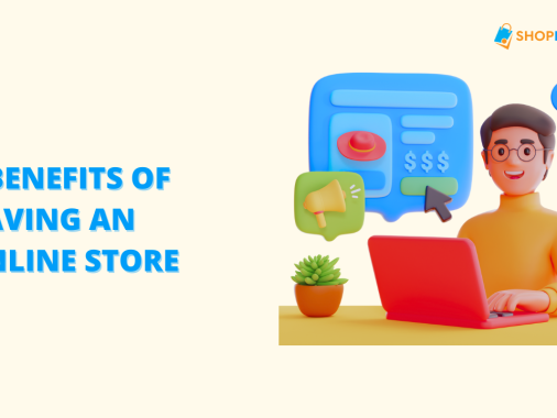 The first image (uploaded as Teknikforce Blogs - 2025-07-19T114150.673.jpg) is a title card with the text "8 BENEFITS OF HAVING AN ONLINE STORE" next to a 3D illustration of a person at a laptop with e-commerce related icons around them.