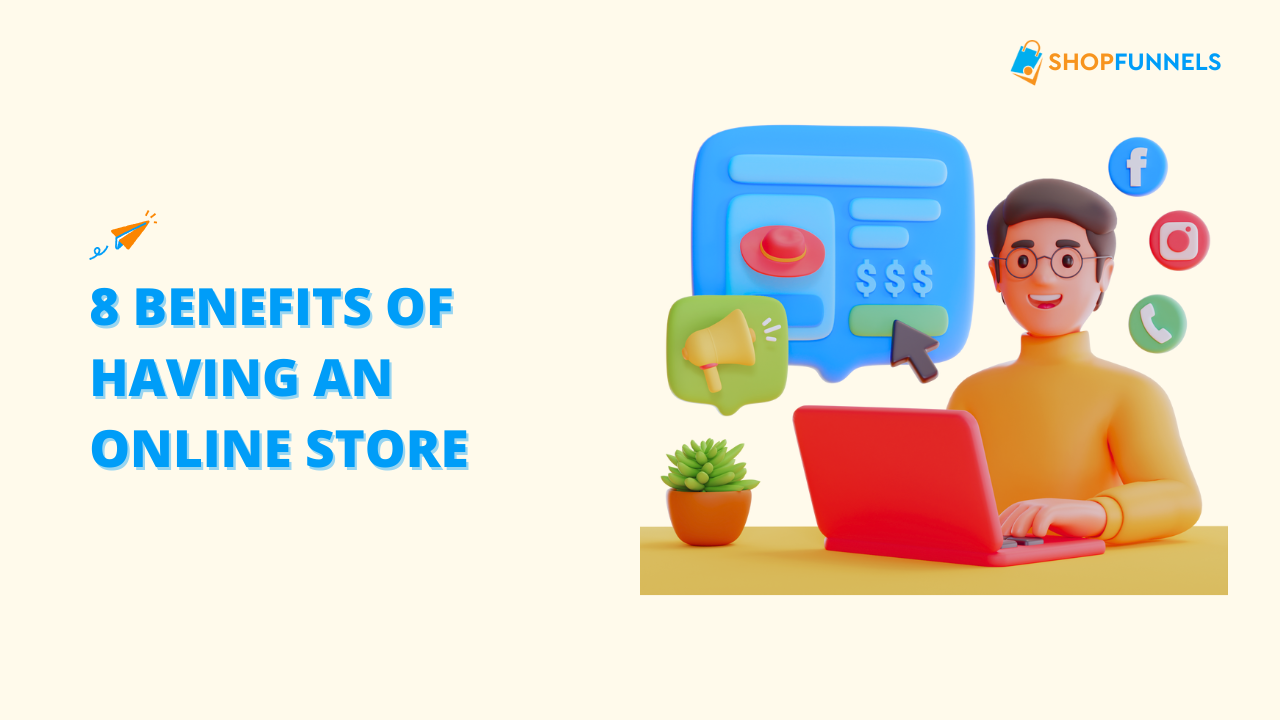 The first image (uploaded as Teknikforce Blogs - 2025-07-19T114150.673.jpg) is a title card with the text "8 BENEFITS OF HAVING AN ONLINE STORE" next to a 3D illustration of a person at a laptop with e-commerce related icons around them.